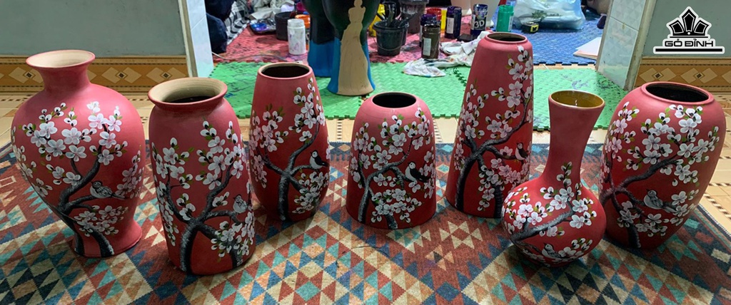 Sét 7 Bình Vẽ Hoa Đào Gốm Bát Tràng