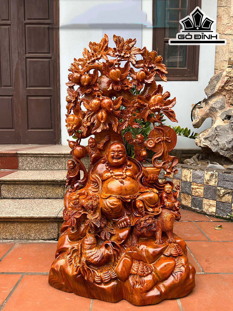 Tượng Phật Di Lặc Ngũ Phúc Vác Đào Gỗ Hương Cao 102 Ngang 57 Sâu 36 (cm)