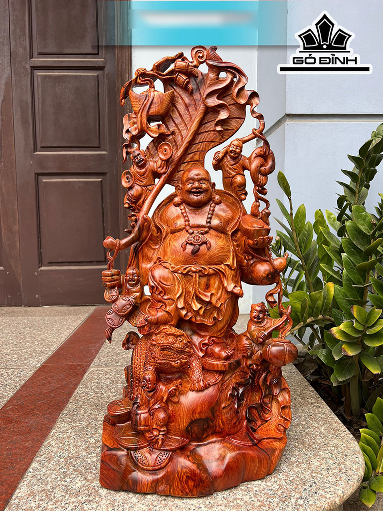 Tượng Phật Di Lặc Ngũ Phúc Đứng Nghê Gỗ Cẩm Cao 78 Ngang 36 Sâu 22 (cm)