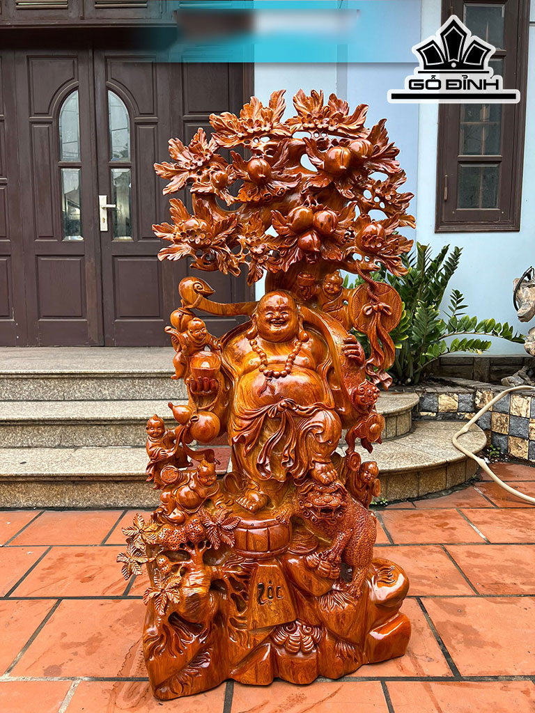 Tượng Phật Di Lặc Ngũ Phúc Đứng Gốc Đào Gỗ Hương Cao 123 Ngang 57 Sâu 30 (cm)