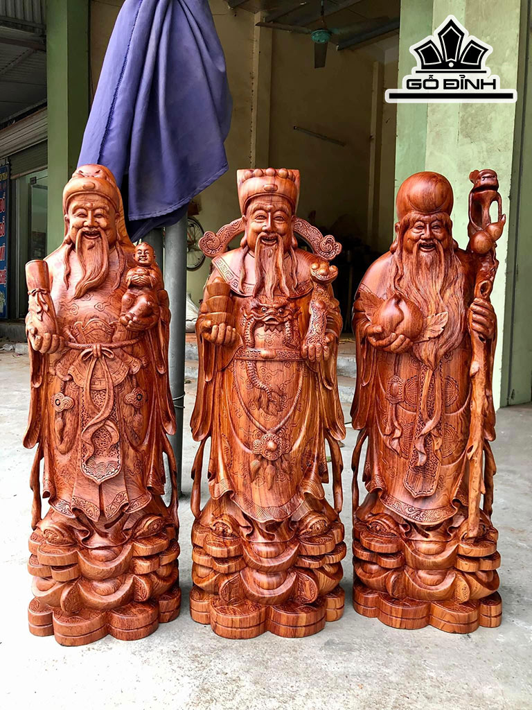Tượng Phúc Lộc Thọ ( Tam Đa) Gỗ Hương Cao 80 Ngang 25 Sâu 22 (cm)