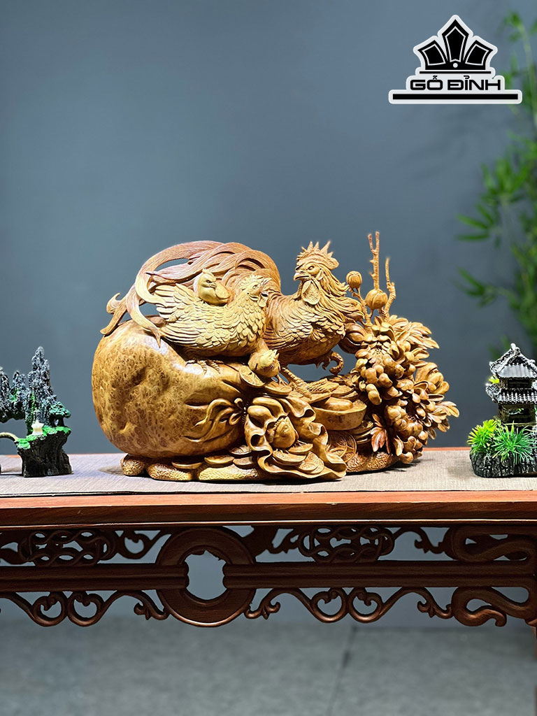 Tượng Gia Đình Gà Gỗ Nu Hương Cao 31 Ngang 48 Sâu 16 (cm)