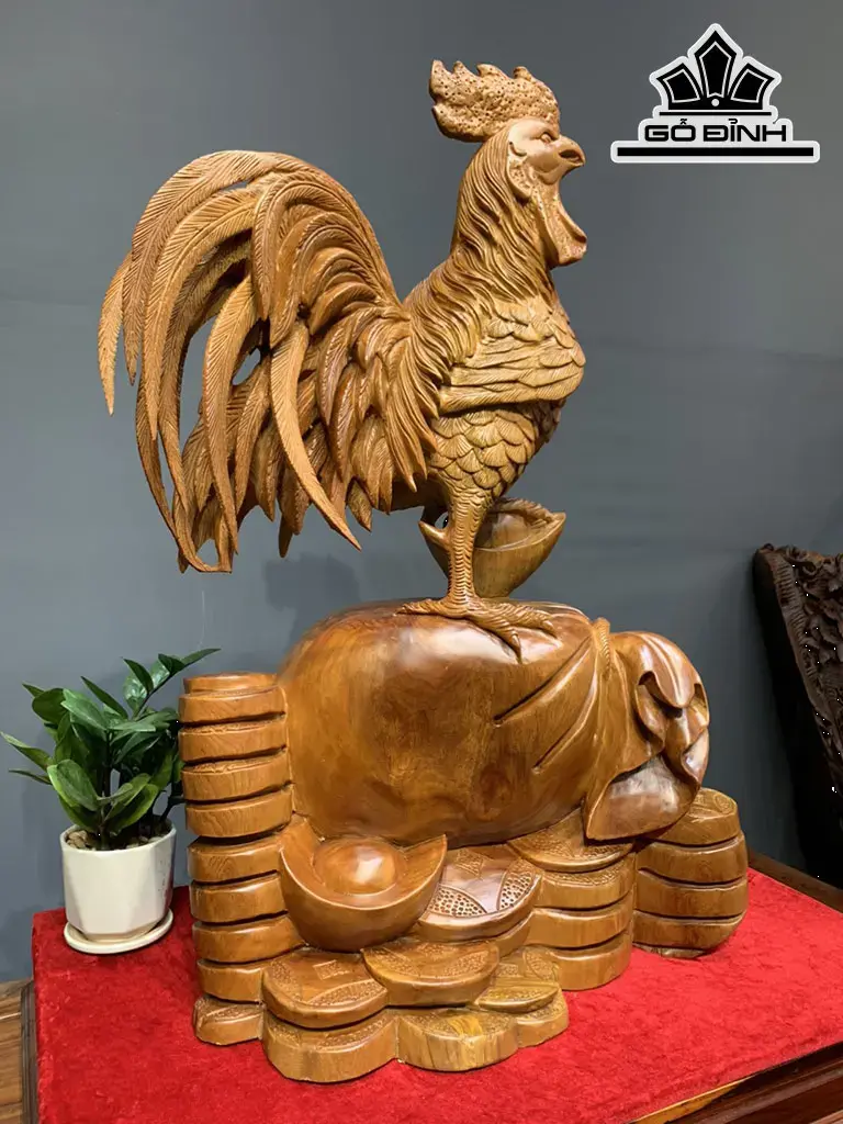 Tượng Nhất Kê Tài Lộc Gỗ Ngọc Am Cao 83 Ngang 52 Sâu 28 (cm)