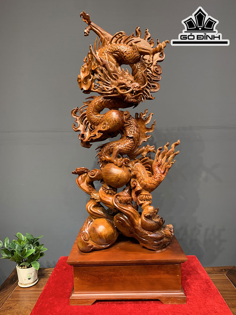 Tượng Nhất Long Vờn Ngọc Gỗ Hương Cao 120 Ngang 45 Sâu 35 (cm)