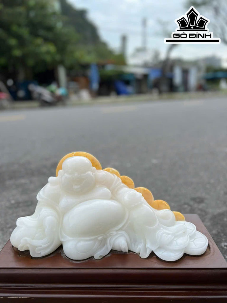 Tượng Phật Di Lặc Kim Tiền Đá Onyx Trắng Cao 45 Ngang 30 (cm) 14kg