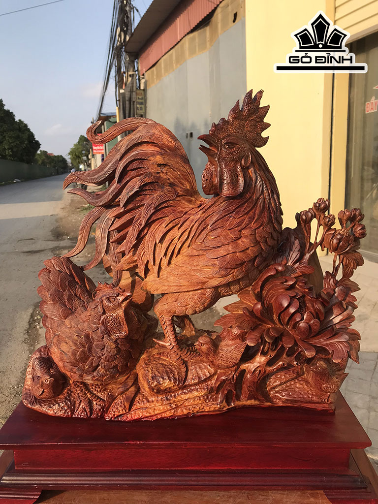 Tượng Gia Đình Gà Gỗ Cẩm Cao 48 Ngang 50 Sâu 19 (cm)