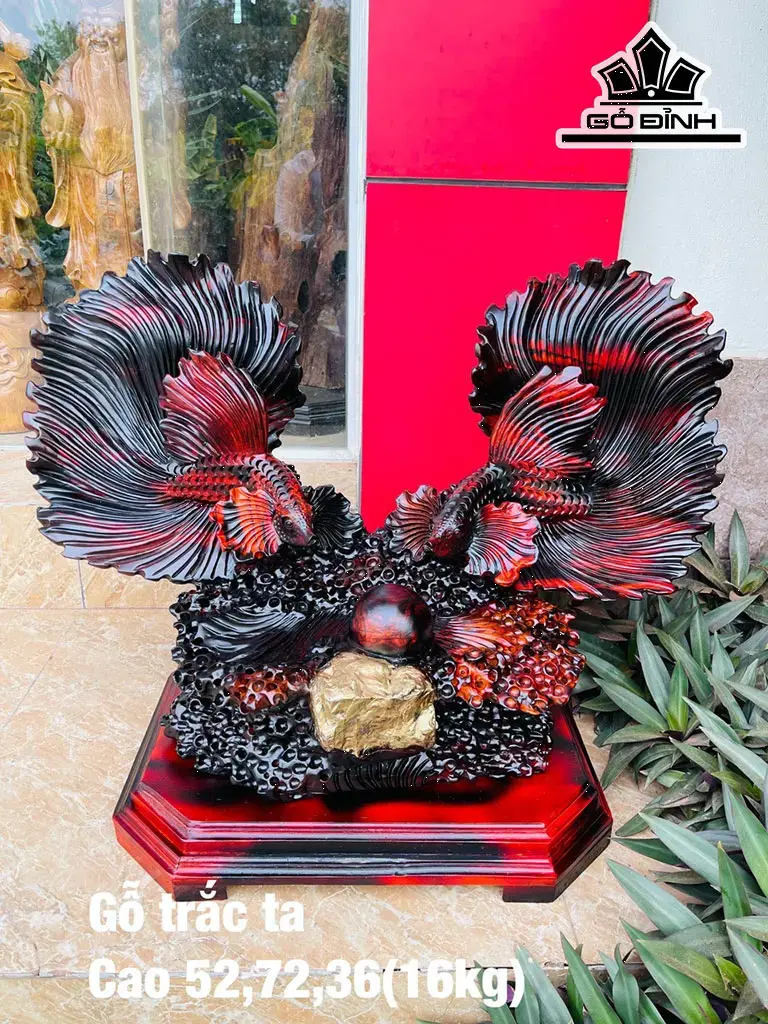 Tượng Cá Xiêm Đôi Gỗ Trắc Cao 52 Ngang 72 Sâu 36 (cm)