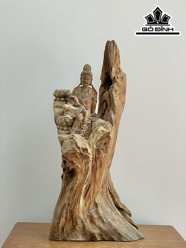 Tượng Phật Bà Quan Âm Gỗ Nu Lũa Ngọc Am Cao 85 Ngang 40 Sâu 28 (cm)