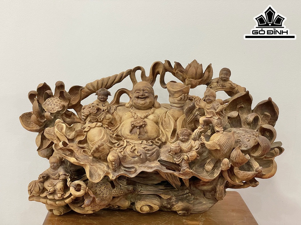 Tượng Phật Di Lặc Ngũ Phúc Gỗ Ngọc Am Cao 56 Ngang 90 Sâu 45 (cm)