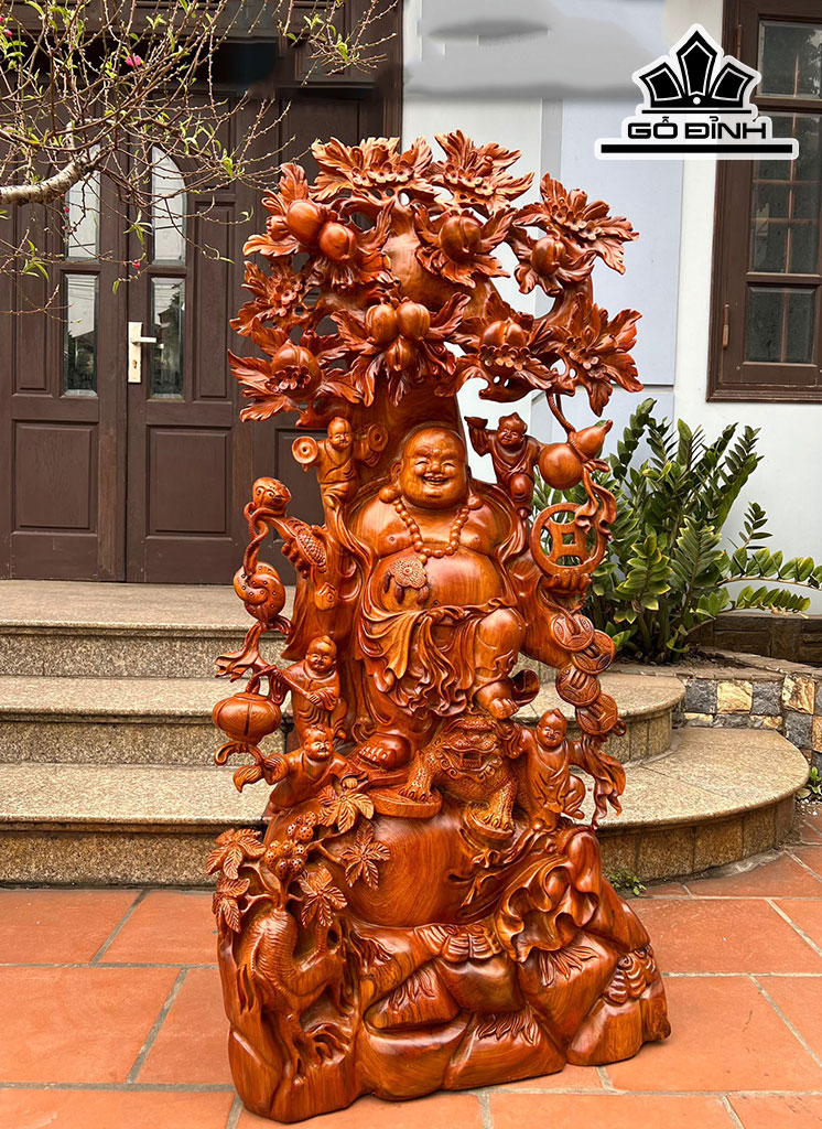 Tượng Phật Di Lặc Ngũ Phúc Thọ Đào Gỗ Hương Cao 130 Ngang 60 Sâu 40 (cm)