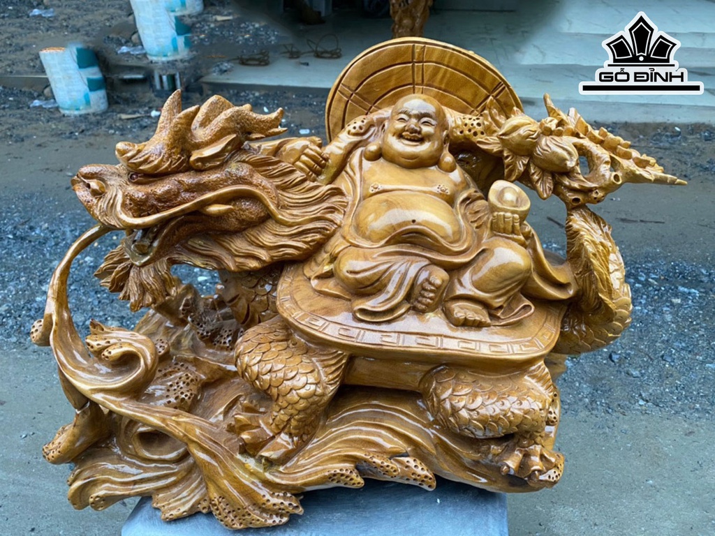 Tượng Phật Di Lặc Cưỡi Long Quy Gỗ Xá Xị Cao 35 Ngang 58 Sâu 32 (cm)