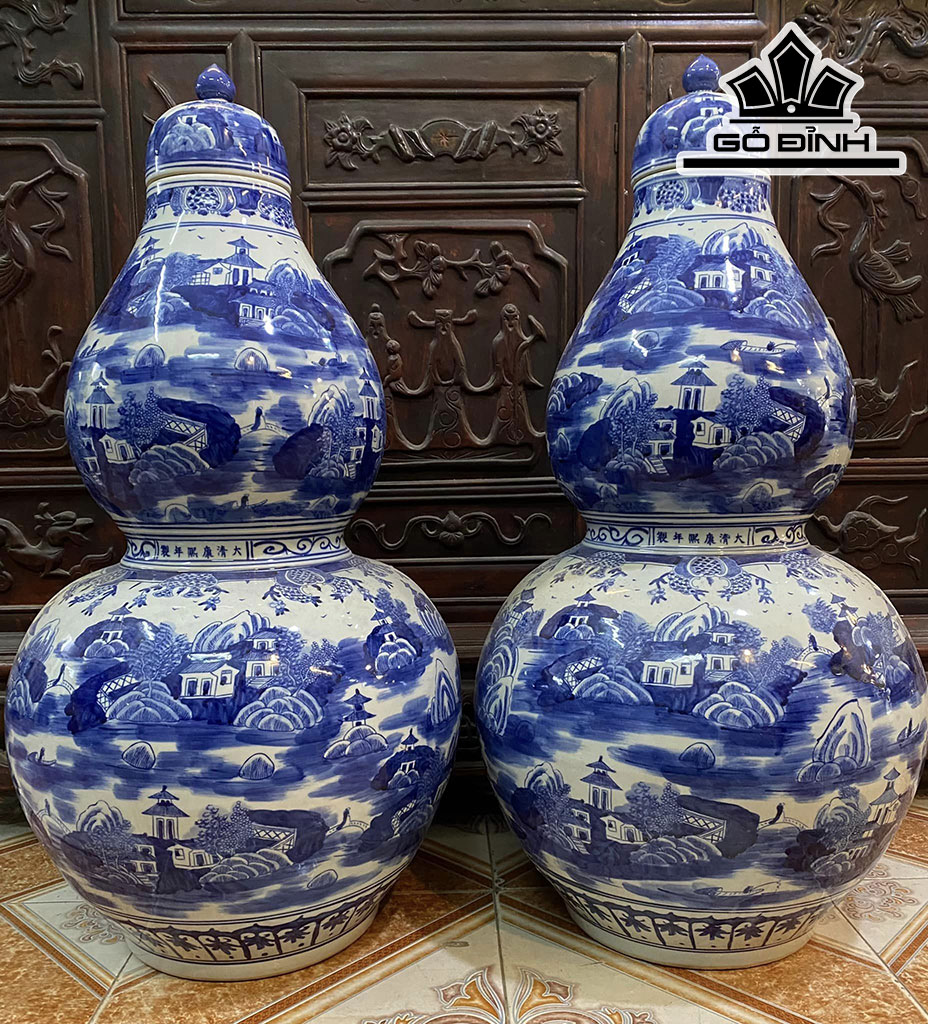 Cặp Hồ Lô Sơn Thủy Men Tràm Gốm Tàu Cao 95 Đường Kính Bụng 155 (cm)