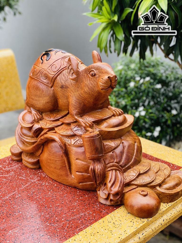 Tượng Chuột Phong Thủy Gỗ Hương Cao 32 Ngang 52 Sâu 20 (cm)