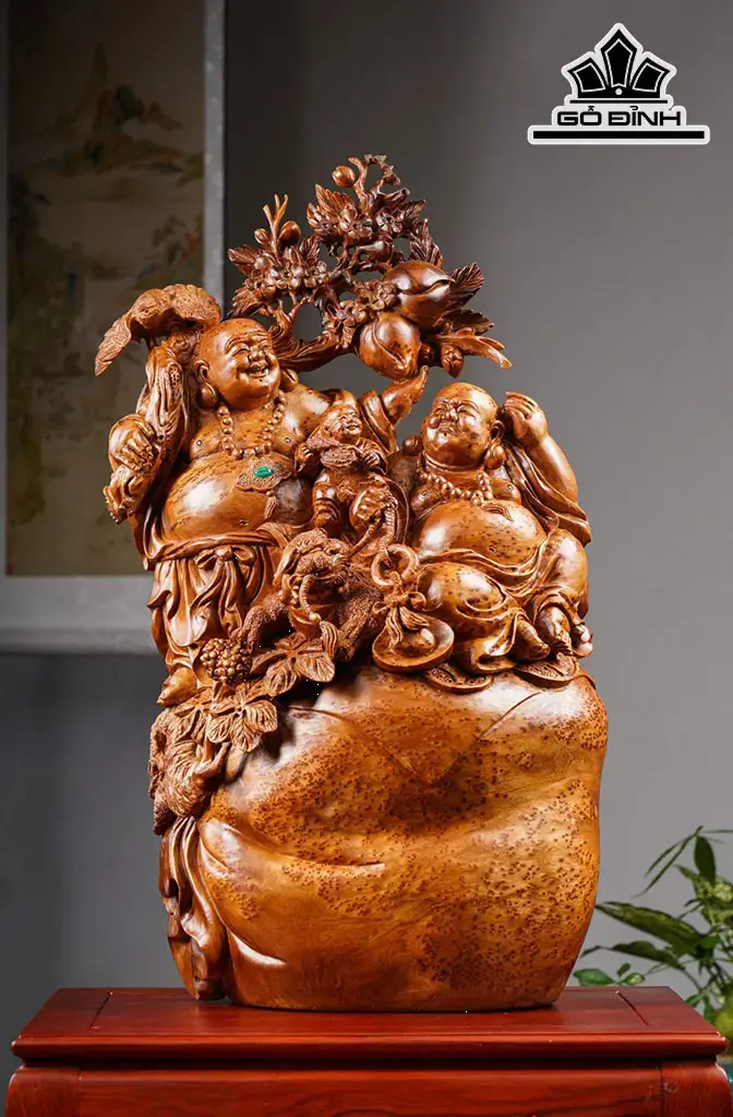 Tượng Phật Di Lặc Song Phúc Gỗ Nu Ngọc Am Cao 66 Ngang 35 Sâu 28 (cm)