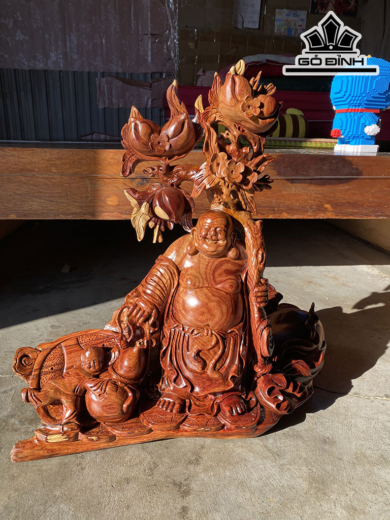 Tượng Phật Di Lặc Nhất Phúc Vác Đào Gỗ Cẩm Cao 60 Ngang 62 Sâu 20 (cm)