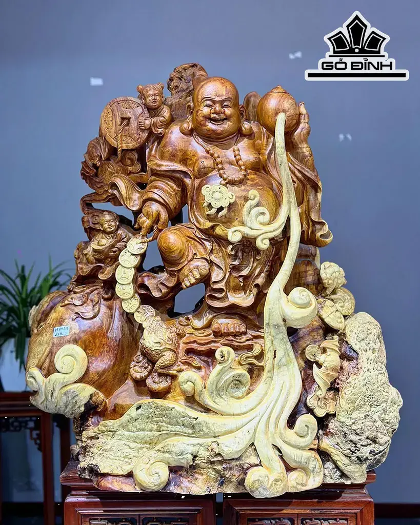 Tượng Phật Di Lặc Ngồi Bao Tiền Gỗ Nu Hương Cao 67 Ngang 50 Sâu 40 (cm)