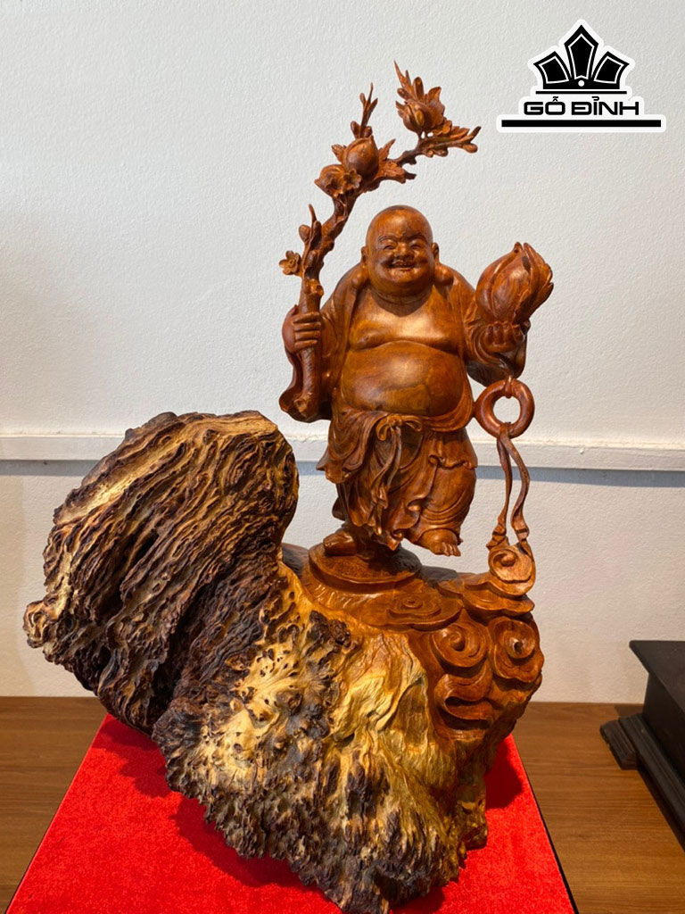 Tượng Phật Di Lặc Vác Đào Gỗ Nu Hương Cao 65 Ngang 33 Sâu 26 (cm)