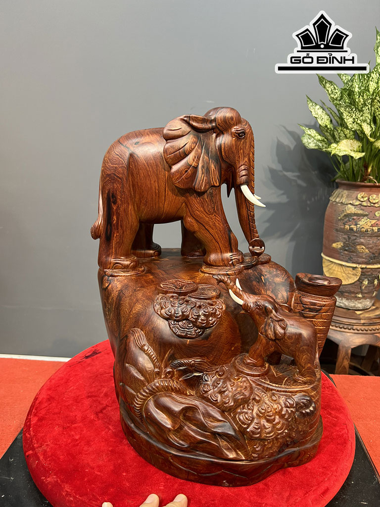 Tượng Voi Mẫu Tử Gỗ Cẩm Cao 45 Ngang 40 Sâu 37 (cm)