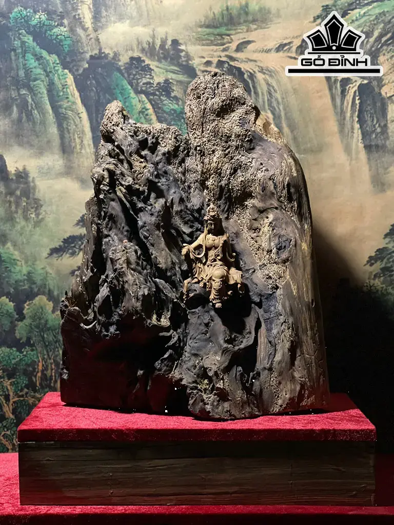 Tượng Phật Bà Quan Âm Tự Tại Gỗ Bách Xanh Cao 43 Ngang 32 Sâu 18 (cm)