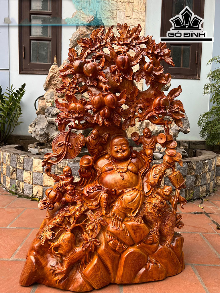 Tượng Phật Di Lặc Ngũ Phúc Thọ Đào Gỗ Hương Cao 102 Ngang 63 Sâu 40 (cm)