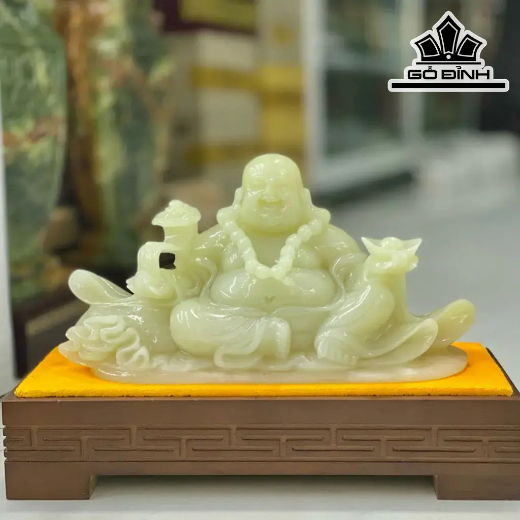 Tác Phẩm Phật Di Lặc Đá Onyx Xanh Ngang 34 (cm)