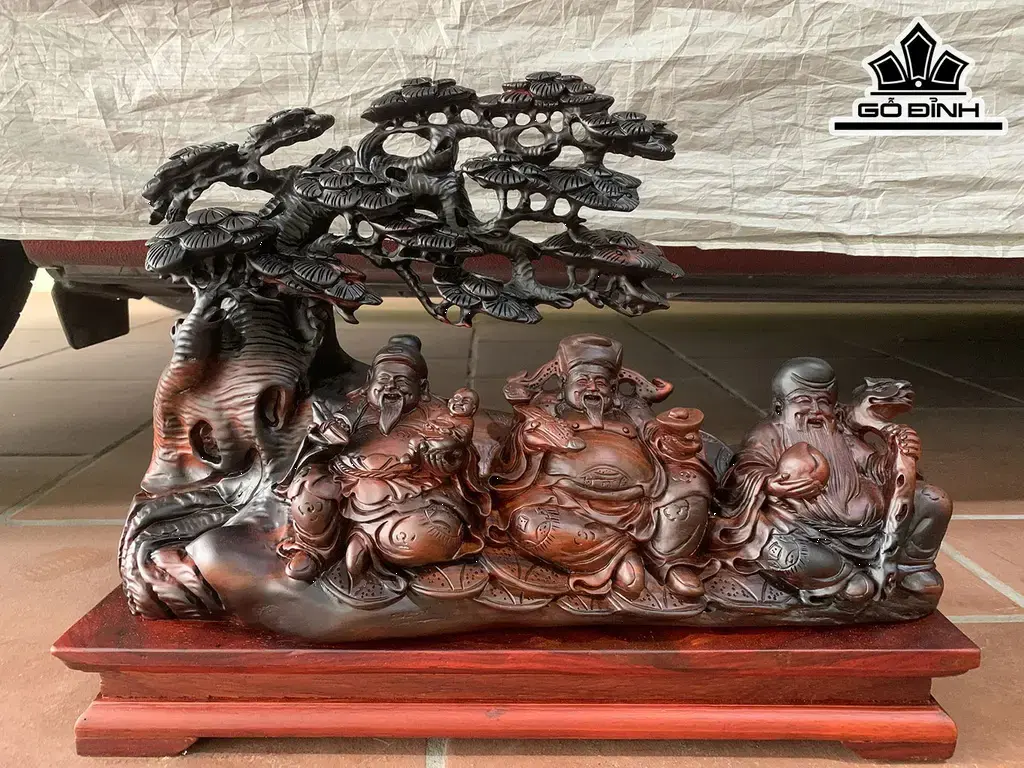 Tượng Phúc Lộc Thọ (Tam Đa) Gỗ Trắc Cao Cả Kỷ 36 Ngang 45 Sâu 16 (cm)