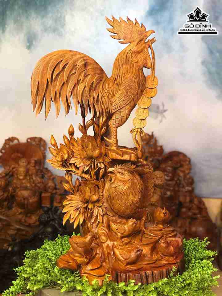 Tượng Gia Đình Gà Gỗ Hương  Cao 90 Rộng 65 Dày 35 (cm)