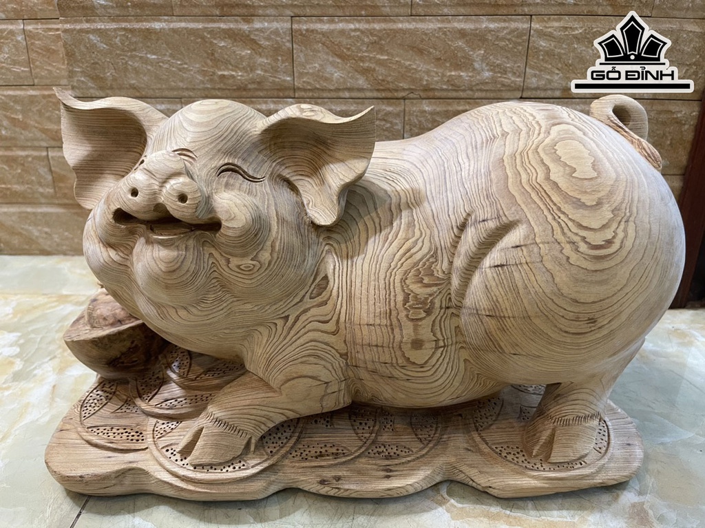 Tượng Heo Tài Lộc Gỗ Ngọc Am Cao 27 Ngang 45 Sâu 25 (cm)