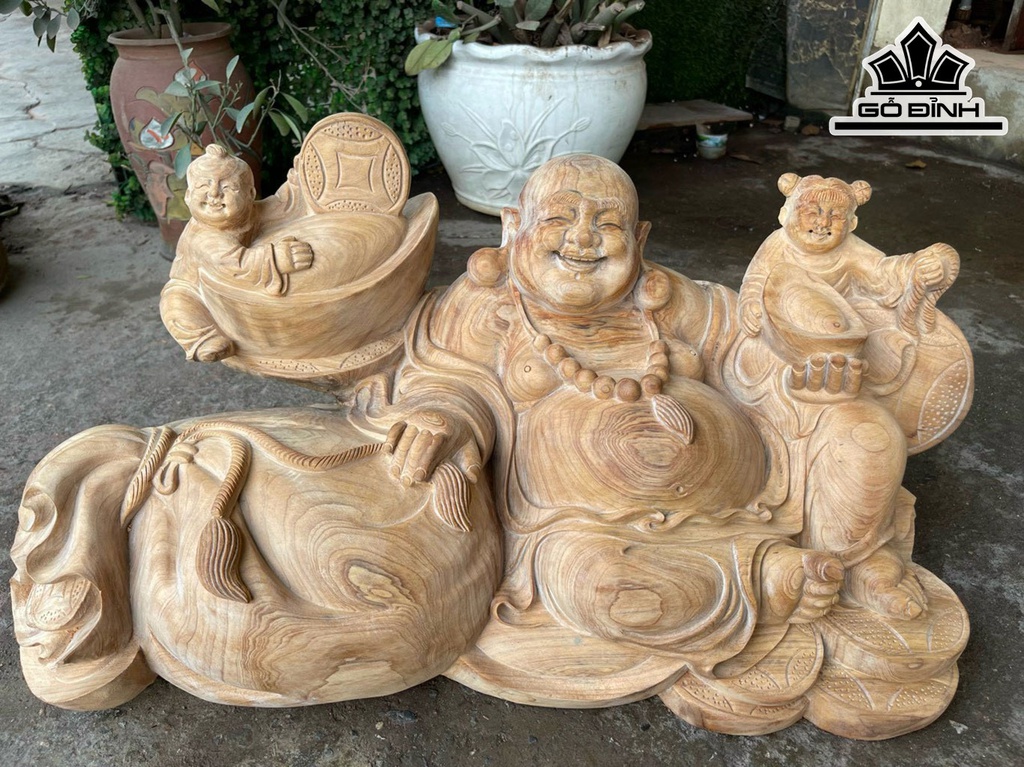 Tượng Phật Di Lặc Nhị Phúc Gỗ Ngọc Am Cao 35 Ngang 66 Sâu 32 (cm)