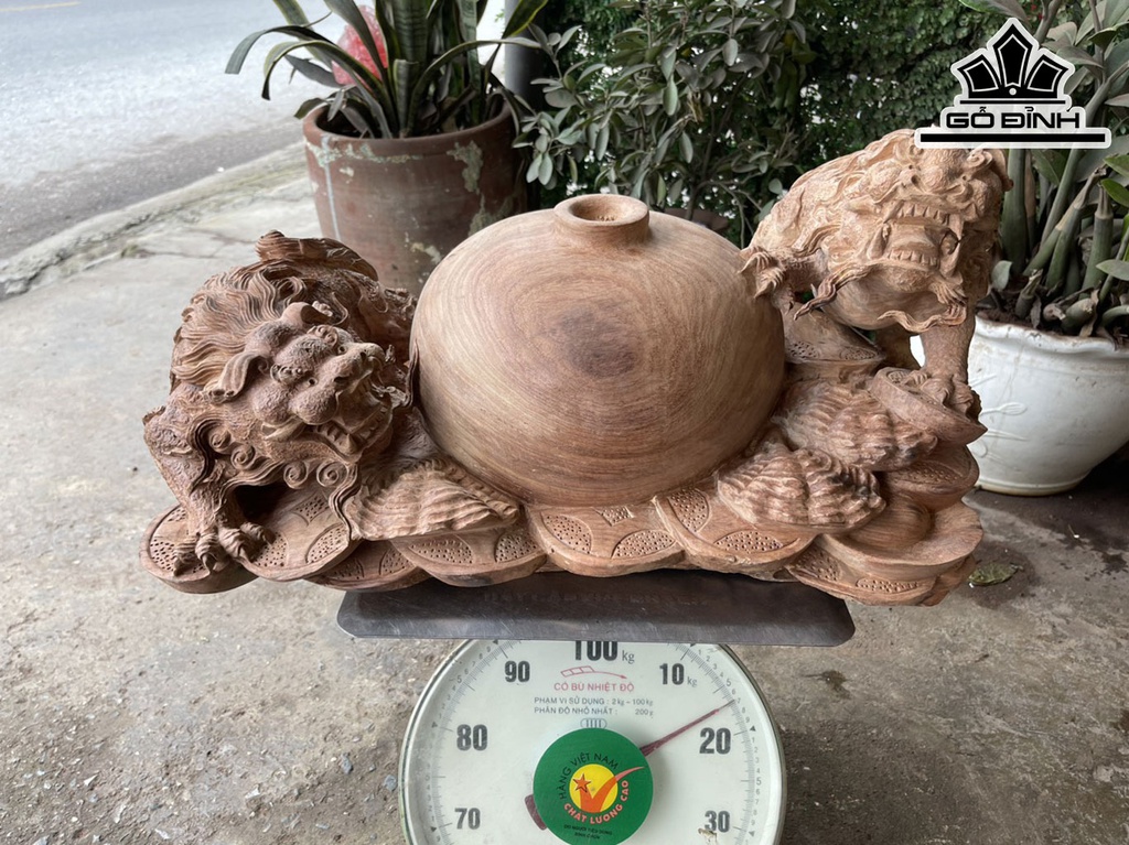 Tượng Song Nghê Vờn Bình Phú Quý Gỗ Hương Cao 28 Ngang 55 Sâu 32 (cm)