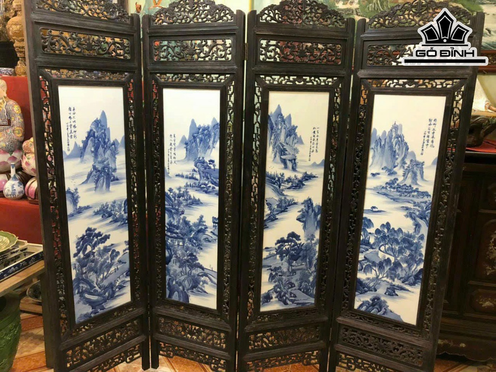 Bộ Bình Phong Sơn Thủy Vẽ Tràm Gốm Tàu Cao 200 Ngang 195 (cm)