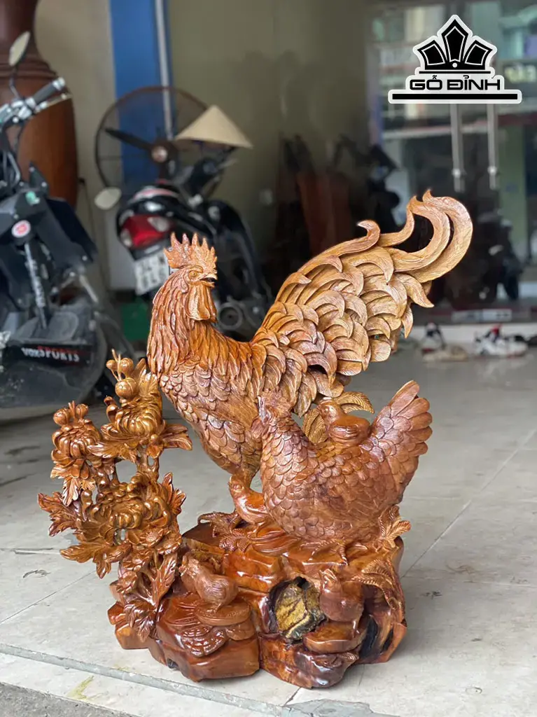 Tượng Gia Đình Gà Gỗ Hương Cao 65 Ngang 70 Sâu 40 (cm)