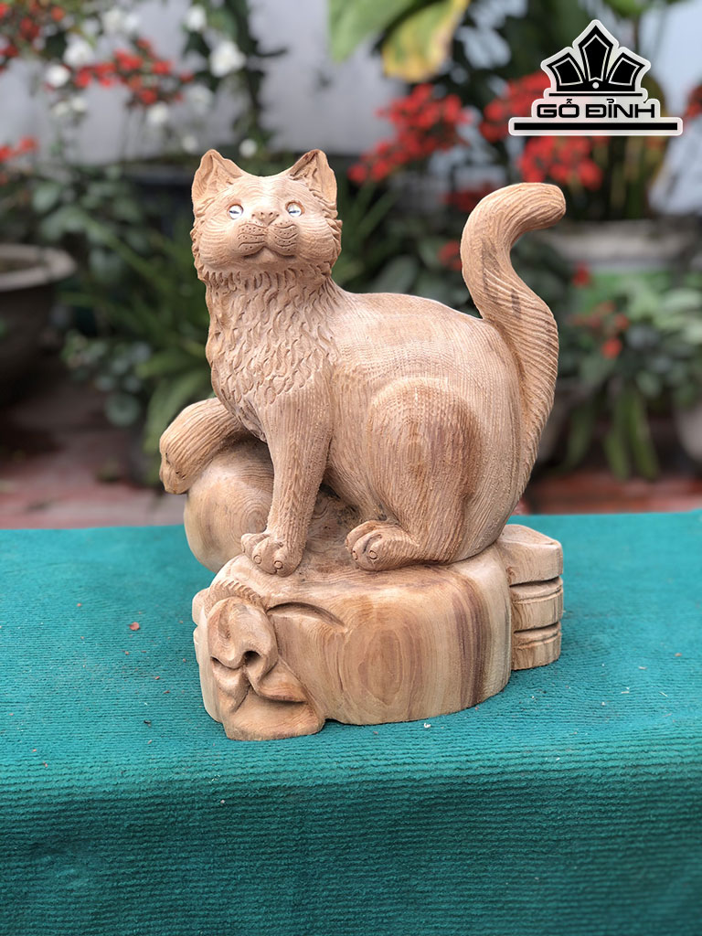 Tượng Mèo Gỗ Ngọc Am Cao 35 Ngang 35 Sâu 16 (cm)