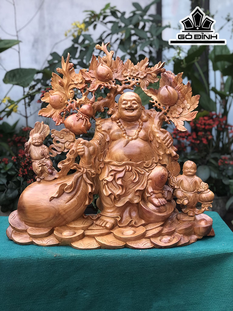 Tượng Phật Di Lặc Nhị Phúc Vác Đào Gỗ Hương Cao 61 Ngang 65 Sâu 28 (cm)