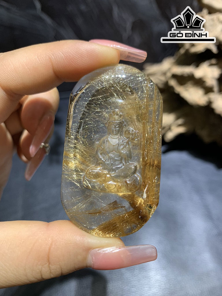 Mặt Dây Chuyền Phật Đá Thạch Anh Tóc Vàng Cao 58,4 Ngang 33,2 Sâu 10,5 (mm)