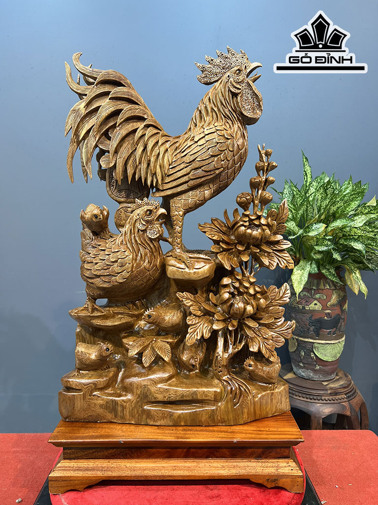 Tượng Gia Đình Gà Gỗ Ngọc Am Cao Cả Kỷ 84 Ngang 45 Sâu 20 (cm)