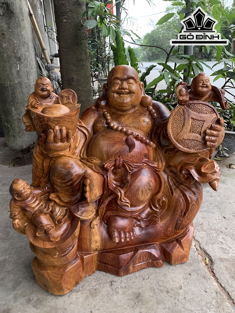 Tượng Phật Di Lặc Tam Phúc Như Ý Gỗ Hương Cao 58 Ngang 55 Sâu 53 (cm)
