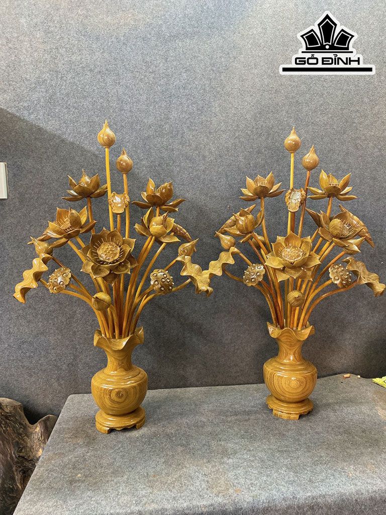 Cặp Bình Hoa Sen 17 Bông Gỗ Cẩm Vàng Cao 82 Ngang 55 Sâu 45 (cm)
