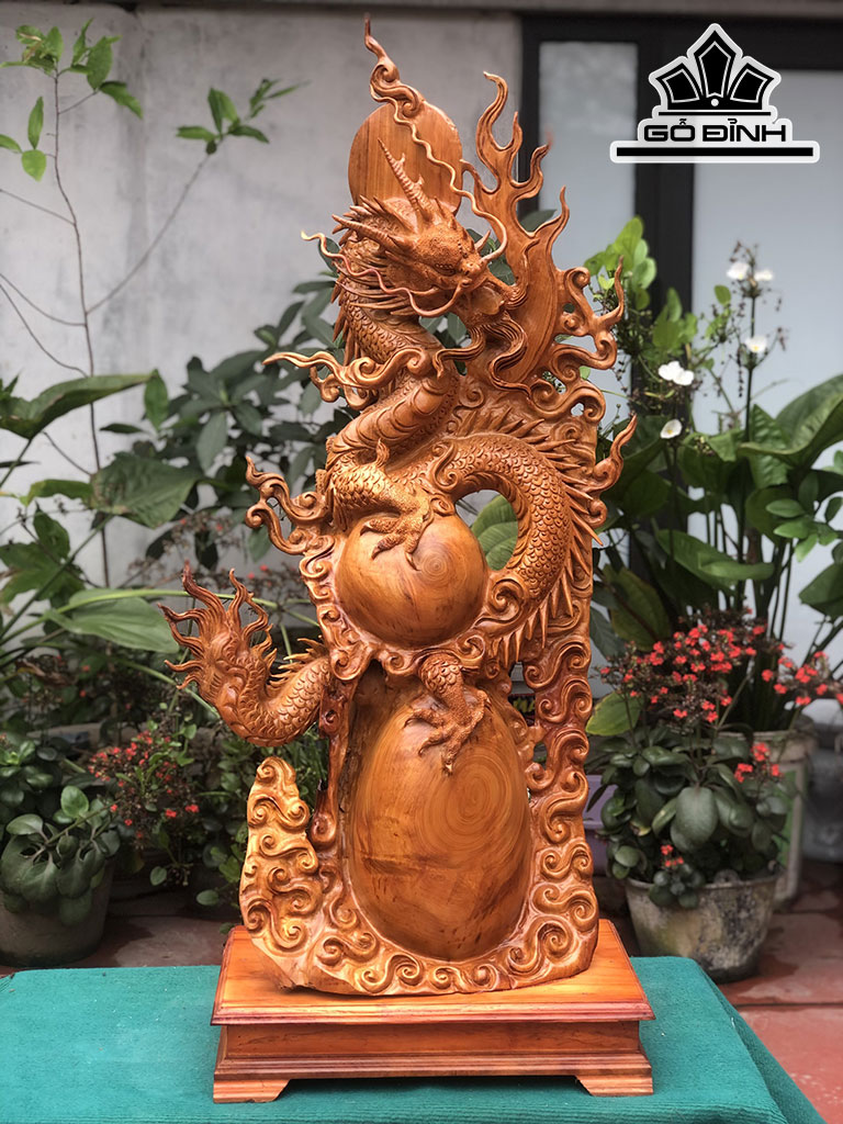Tượng Nhất Long Vờn Ngọc Gỗ Hương Cao 112 Ngang 48 Sâu 25 (cm)
