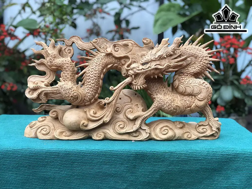 Tượng Nhất Long Vờn Ngọc Gỗ Ngọc Am Cao 30 Ngang 57 Sâu 12 (cm)