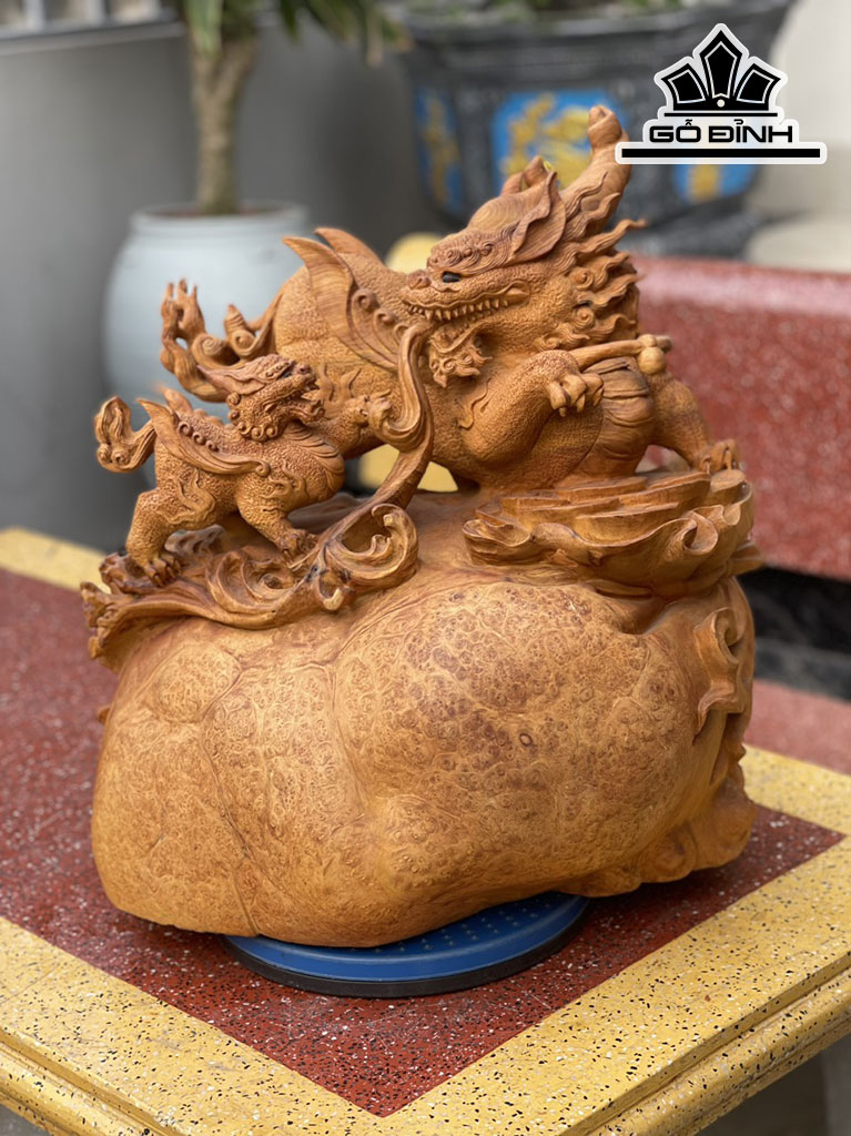 Tượng Song Nghê Gỗ Nu Hương Cao 48 Ngang 45 Sâu 34 (cm)