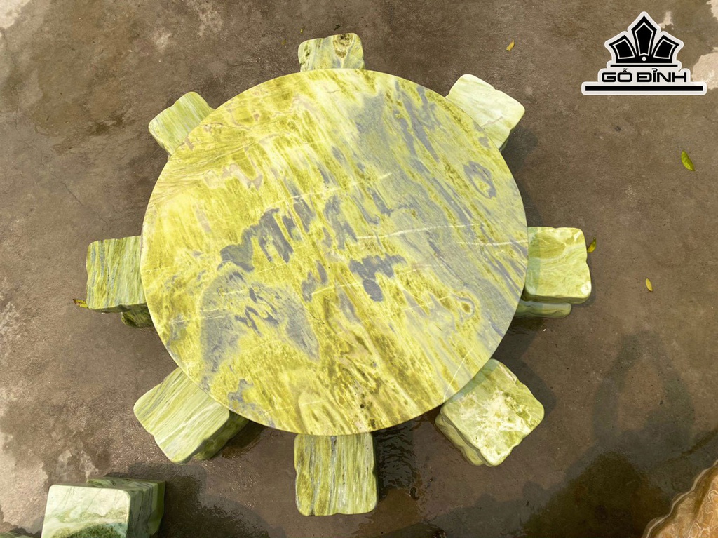 Bộ Bàn 8 Đôn Đá Serpentine Vàng Chanh Cao 66 Đường Kính Bàn 148 (cm)