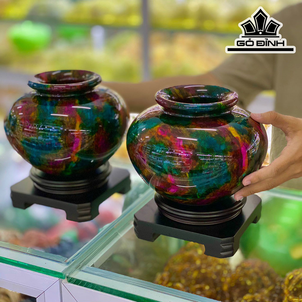 Lục Bình Đá Khổng Tước (Malachite) Cao 21 Đường Kính 20 Riêng Đá Cao 15,5 (cm)