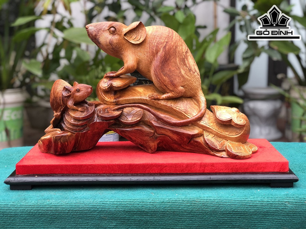 Tượng Chuột Mẫu Tử Gỗ Hương Cao 35 Ngang 50 Sâu 19 (cm)