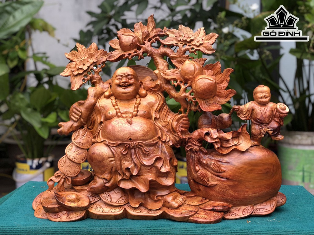 Tượng Phật Di Lặc Nhất Phúc Vác Đào Gỗ Hương Cao 50 Ngang 65 Sâu 20 (cm)