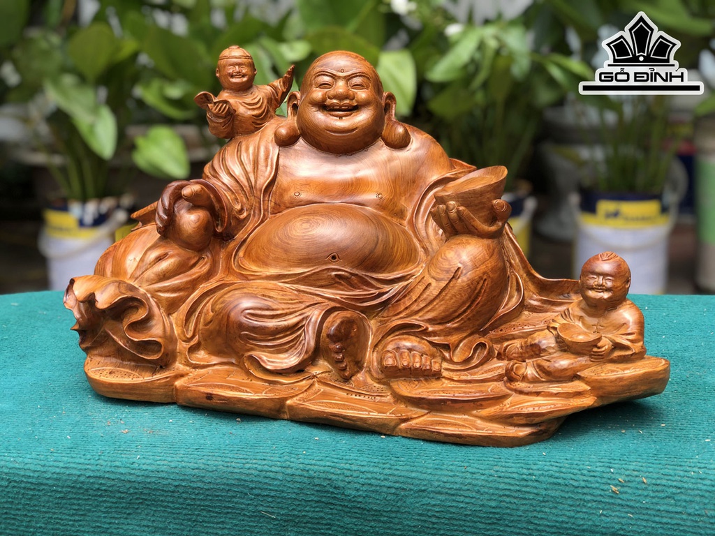 Tượng Phật Di Lặc Nhị Phúc Gỗ Hương Cao 29 Ngang 52 Sâu 33 (cm)