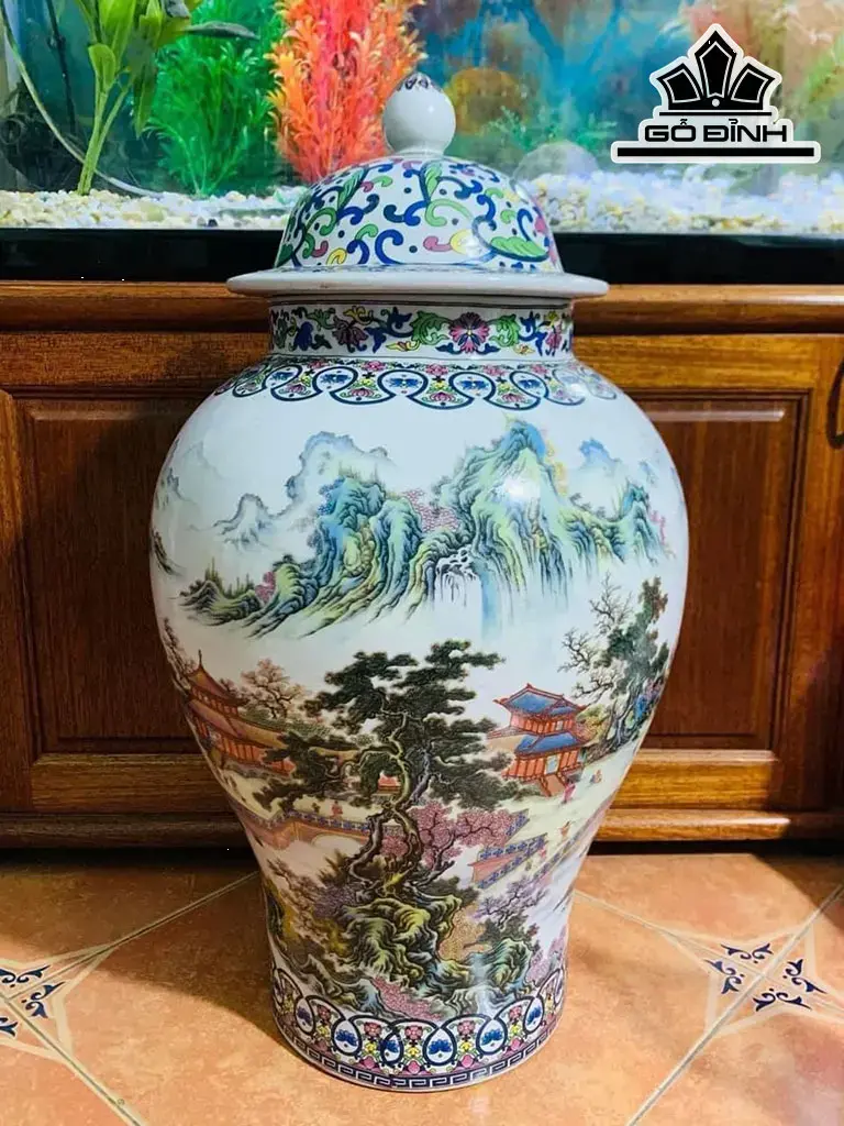 Chóe Vẽ Tích Sơn Thủy Hữu Tình Gốm Tàu Cao 62 Đường Kính Bụng 110 (cm) Thể Tích 30 (Lit)