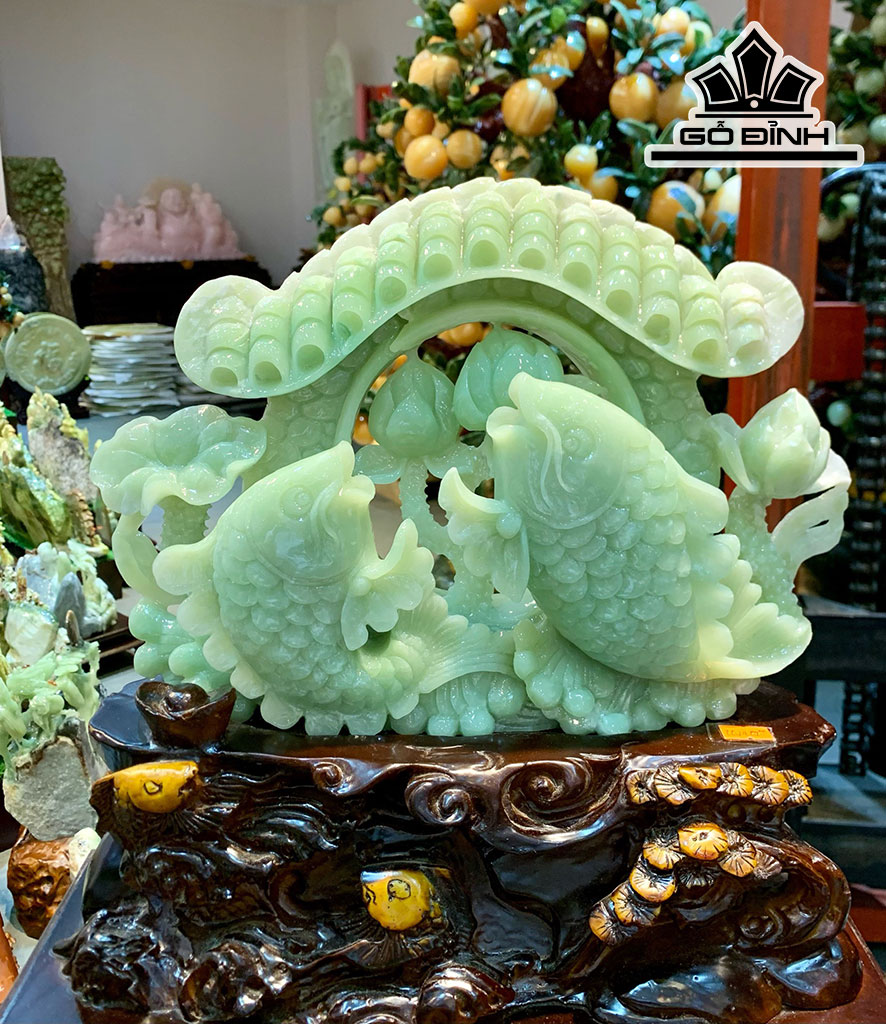Tác Phẩm Song Ngư Uyên Ương Đá Serpentine Cao 38 Ngang 36 Sâu 14 Riêng Đá Cao 34 Ngang 26 Sâu 8 (cm)