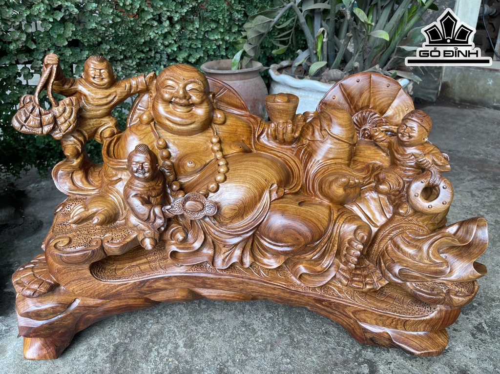 Tượng Phật Di Lặc Tam Phúc Gỗ Hương Cao 42 Ngang 65 Sâu 25 (cm)
