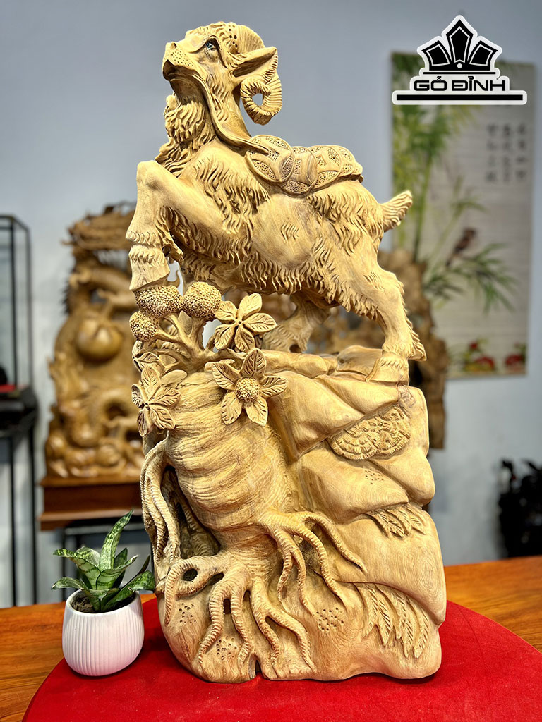 Tượng Dê Tài Lộc Nhân Sâm Gỗ Ngọc Am Cao 85 Ngang 40 Sâu 25 (cm)